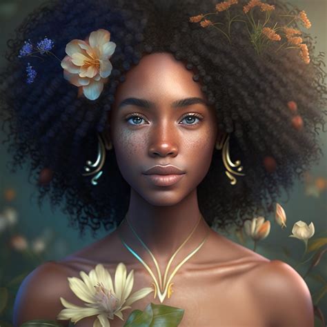 Premium Ai Image Realistic African Girl Curly Hair With Flower Image