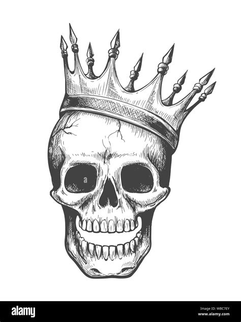 Skull king. Evil in crown ink style vector illustration, dead head ...