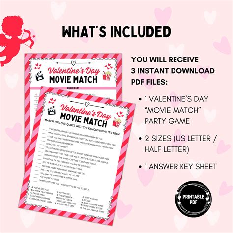 Valentines Day Movie Match Game, Printable Valentines Movie Trivia Game