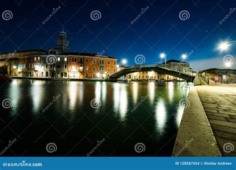 10 10 2018 Murano Italy Venice A Night Scene To A Cannal Traffic Of Boats And Water Buses