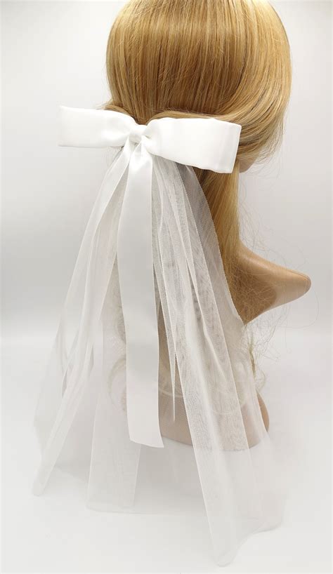 White Hair Bow Wedding Event Satin Tulle Hair Accessory For Etsy