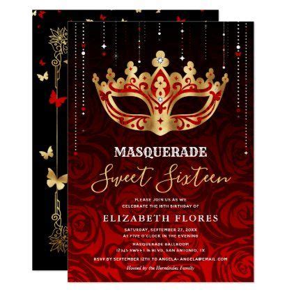 Elegant Black Red Rose Gold Masquerade Sweet Invitation Sweet