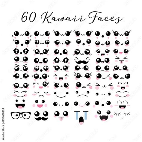 Big set of 60 kawaii cute faces emoticons icons emoji vector ...