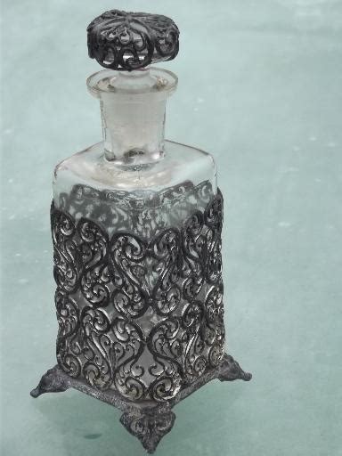 Antique Glass Scent Bottle W Metal Filigree Vanity Table Eau De Cologne