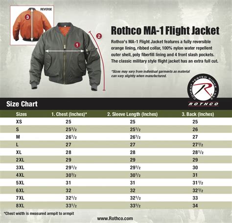 Rothco MA-1 Flight Jacket Size Chart | Uniform Tactical Supply