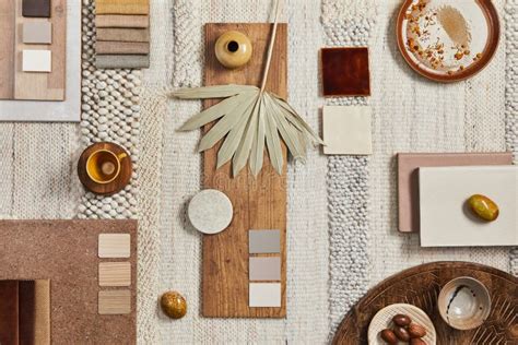 Flat Lay Design Of Creative Architect Moodboard Composition With Samples Of Building Beige