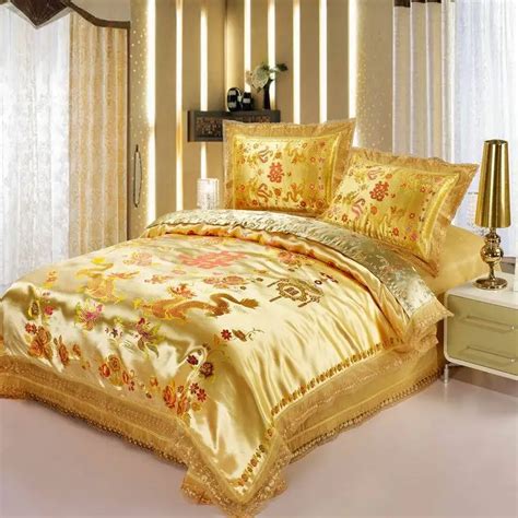 Red Satin Dragon Phoenix Chinese Wedding Bedding Set Print Modern