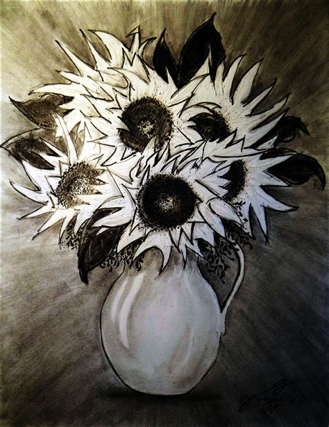 Still Life Yellow Vase With Six Sunflowers Drawing By Jose A Gonzalez