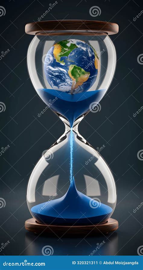 Earth Themed Hourglass With Blue Liquid Sand Flow Creating Wave Shape Against Dark Background