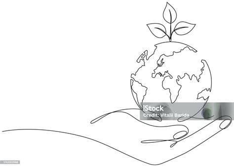 Human Hand Holding Earth Globe With Leaves Continuous Line Drawn Stock