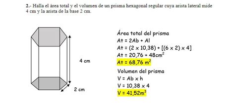 halla el área total y el volumen de un prisma hexagonal regular cuya