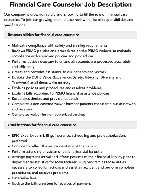financial care counselor job description velvet jobs