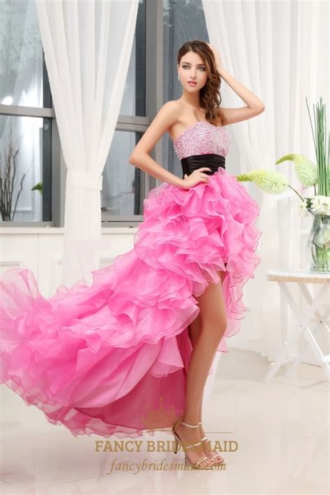 Strapless Organza Dress With Ruffled Skirt Hot Pink High Low Prom