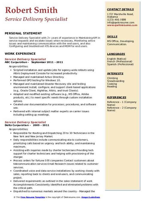 Service Delivery Specialist Resume Samples Qwikresume