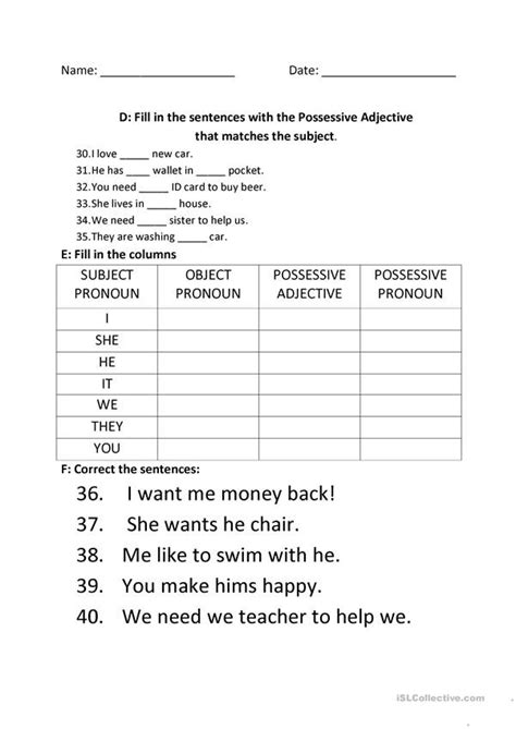 Possessive Pronoun Worksheets Grade 3