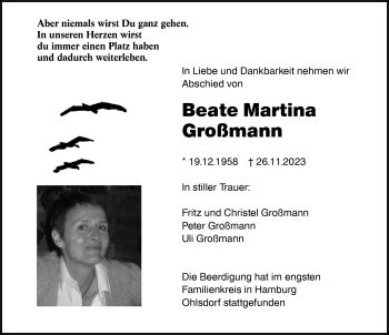 Traueranzeigen Von Beate Martina Gro Mann Schwarzw Lder Bote Trauer