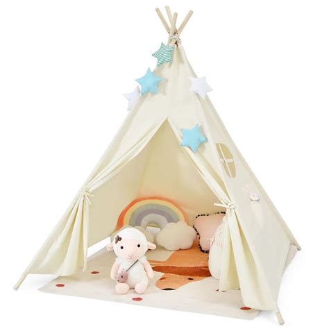 Costway Kids Canvas Teepee Play Tent Foldable Playhouse Toys For Indoor