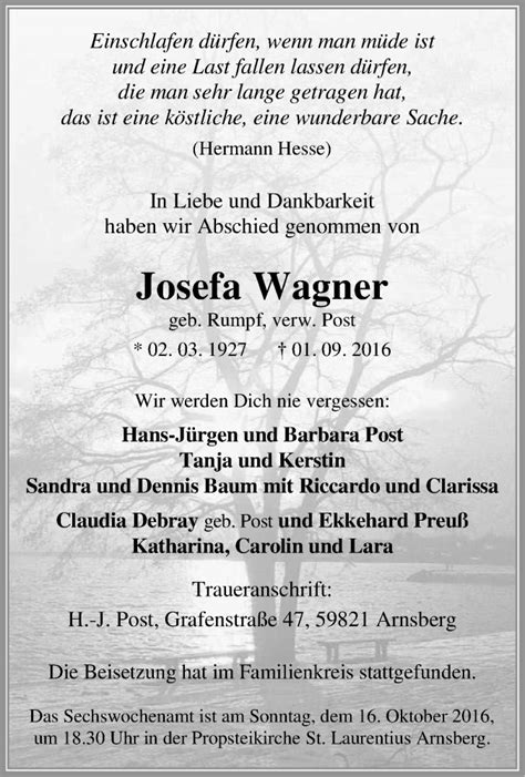 Traueranzeigen Von Josefa Wagner Trauer In Nrw De