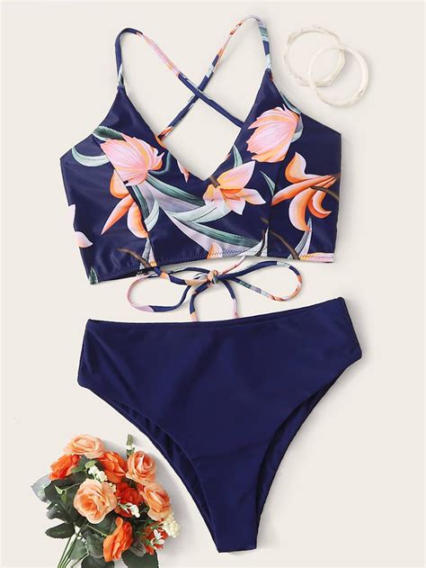 Floral Criss Cross Tie Back Bikini Swimsuit SHEIN USA Bikini