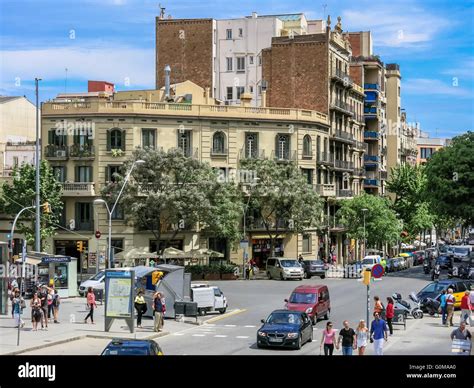 Barcelona Streetscene Crossing Carrer De La Marina And Carrer De