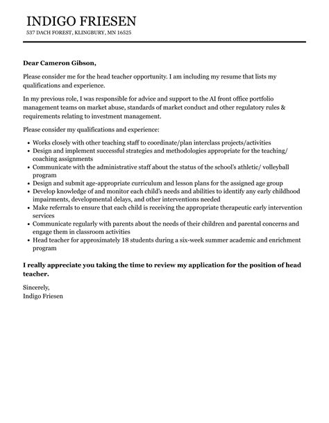 Head Teacher Cover Letter Velvet Jobs