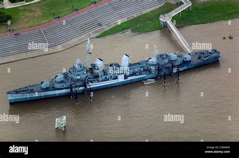 aerial view above Fletcher class destroyer USS Kidd museum moored ...