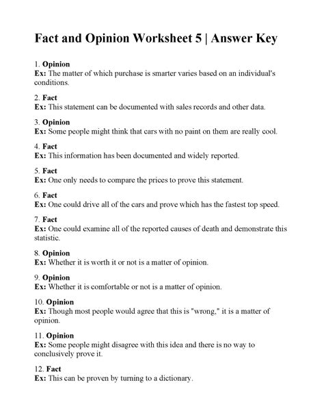 Fact and Opinion Worksheet 5 | Answers