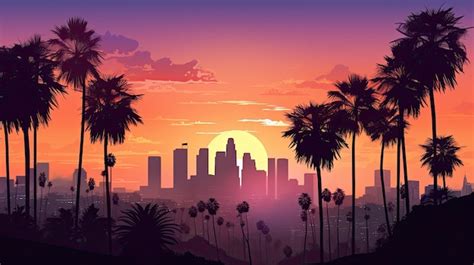 Premium AI Image Gorgeous Sunset Over LA Skyline With Palm Trees Upfront