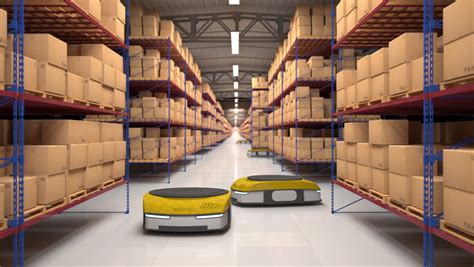 Automatic Robots Moving Boxes With Cardboard Boxes In Digital Warehouse