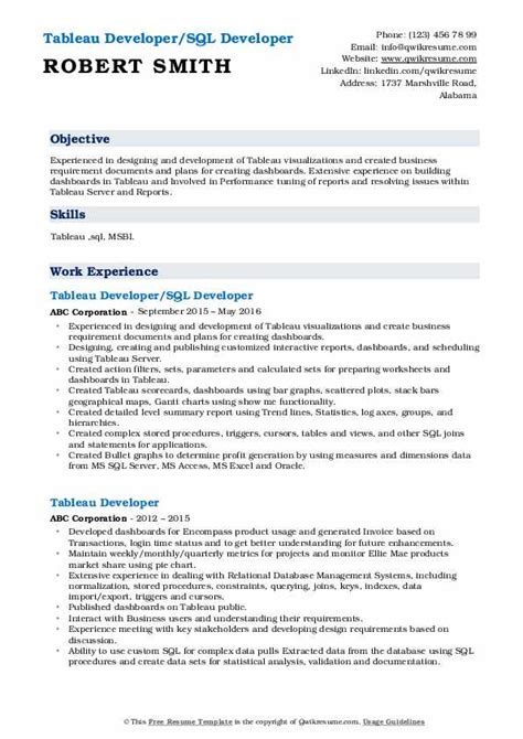 Tableau Developer Resume Samples | QwikResume