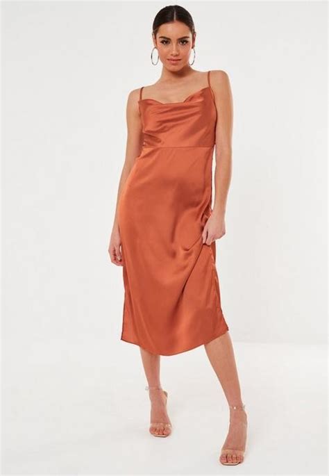 Missguided Rust Satin Cowl Cami Slip Midi Dress Shopstyle