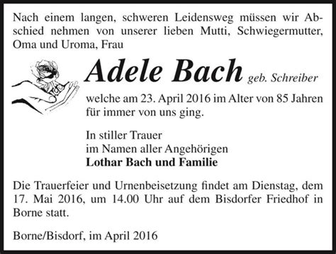 Traueranzeigen Von Adele Bach Geb Schreiber Abschied Nehmen De