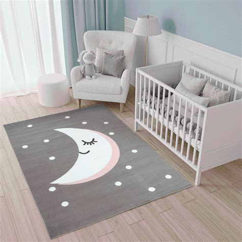 Tapiso Pinky Tapis De Chambre Enfant B B Moderne Gris Blanc Rose Lune