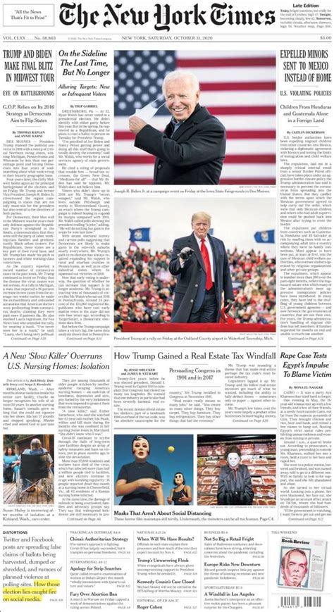 Portada del diario THE NEW YORK TIMES del día 31 10 2020 News Europa