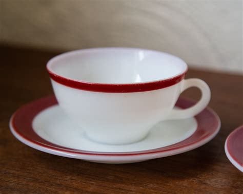 Set Of Three 3 Pyrex Milk Glass Tea Cups And Saucers With Etsy