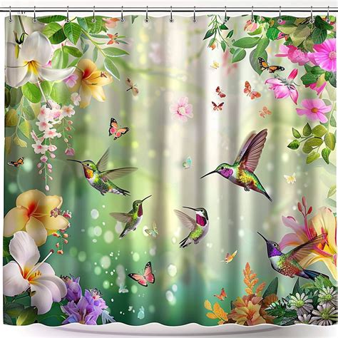 Enchanting Garden Oasis Shower Curtain Vibrant Hummingbirds Flowers And