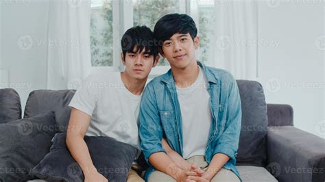 Portrait Young Asian Gay Couple Feeling Happy Smiling At Home Asian Lgbtq Men Relax Toothy