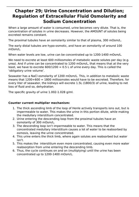 Summary Chapter 29 Urine Concentration And Dilution Regulation Of