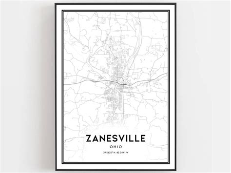 Zanesville Map Print Zanesville Map Poster Wall Art Oh City - Etsy