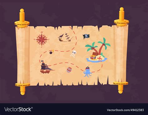 Old Treasure Map Pirate Treasures Scroll Paper Vector Image