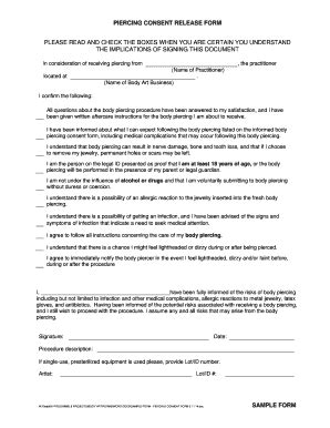 Fillable Online Piercing Consent Release Form Sacramento County