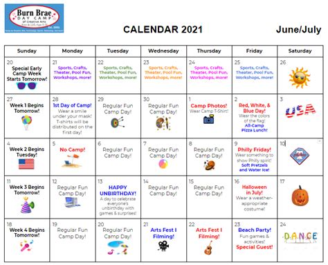 2021 Summer Calendar — Burn Brae Day Camp Of Creative Arts