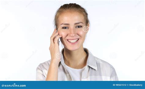 Beautiful Girl Talking On Phone Answering Call On White Background