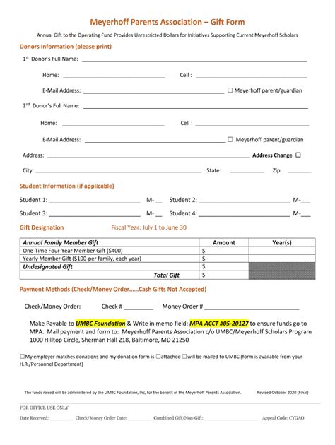 Fillable Online Meyerhoff Umbc Meyerhoff Parents Associationgift Form