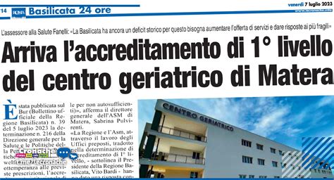 ARRIVA LACCREDITAMENTO DI 1 LIVELLO DEL CENTRO GERIATRICO DI MATERA