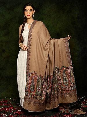 Pure Pashmina Sozni Embroidery Natural Color Shawl With Borders From