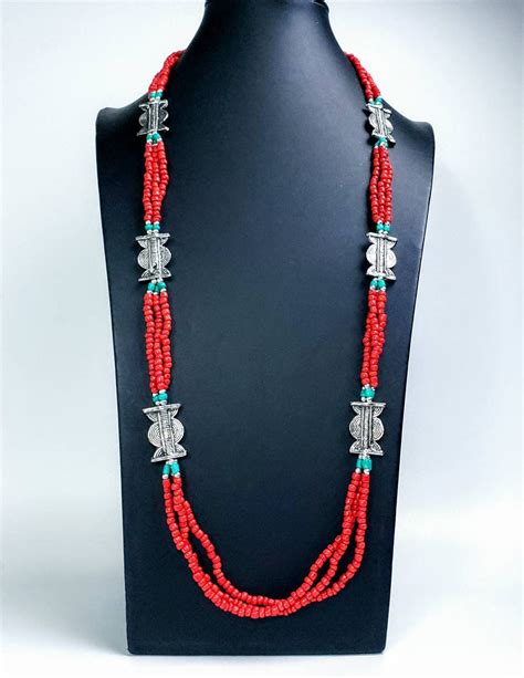 Tibetan Red Coral Color Multistrand Bead Necklace Tibetan Jewelry