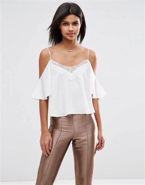 Image 1 Of Asos Satin Cropped Cold Shoulder Lace Trim Cami Top Cami