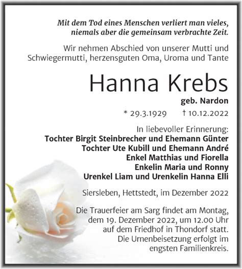 Traueranzeigen Von Hanna Krebs Abschied Nehmen De