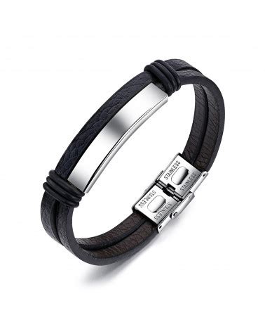 Bracelet Homme Lee Cooper Cuir Deux Rangs Et Plaque Acier Trendy Elements